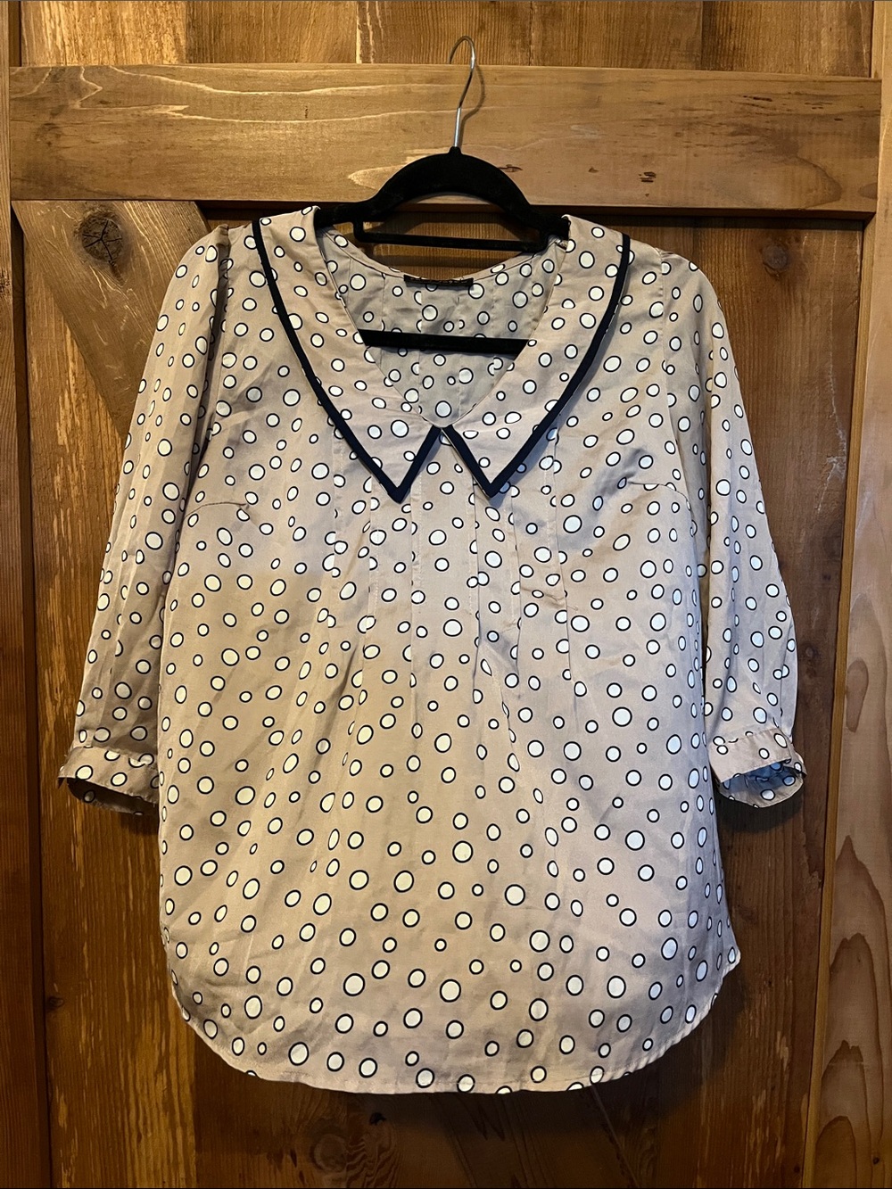 Cream Polka Dot Blouse with Black Trimmed Peter Pan Collar